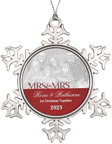 Mrs. And Mrs. Lesbian | 1St Christmas | Red Photo Snowflake Pewter Christmas Ornament