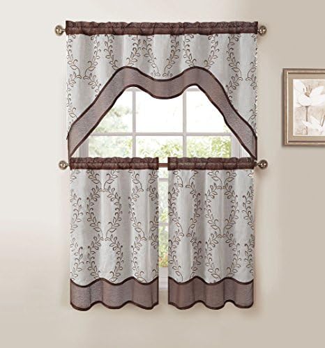 3-Pc Kitchen Window Curtain Set: Two-Layer Sheer, Vine Embroidery color Chololate Brown