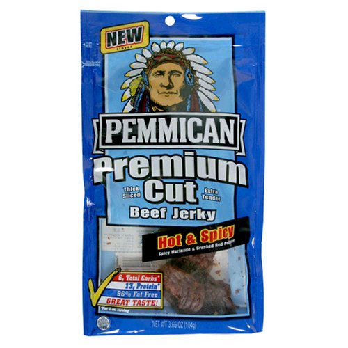 Pemmican Premium Cut Beef Jerky, Hot & Spicy, 3.65-Ounce Bags (Pack of 6) by Pemmican