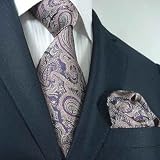 Landisun 38L Purples Pink Paisleys Mens Silk Tie Set: Tie+Hanky &Plastic Hook