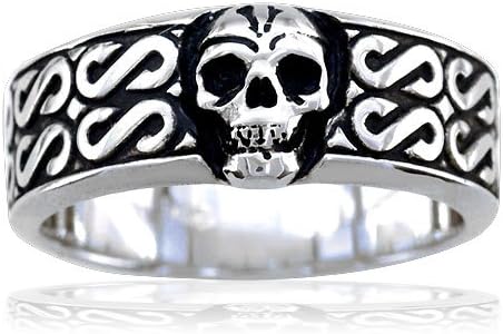 Mens or Ladies Wide Skull Ring with Black, Wedding Band with S Pattern 3/4 Around Ring, 9mm in 14k Rose (Pink) Gold - size 14.5