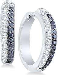 14k White Gold Round Black and White Diamond Two Row Classic Hoop Huggie Earrings (.69 cttw)