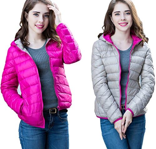 WenVen Women's 2-Sided Wearable down jacket light weight(Rose Red/Silver Grey,US size M/Asian size XL)
