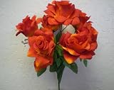 3 ORANGE Open Rose M.P 7 Silk Flower Bushes Bouquets Artificial