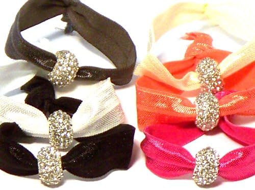 6pc Multi Color Hair Bands, Pony Tail Holder - Bracelet, Rhinestone Accents, Pink, Coral, Cream, White, Black, Dark Grey