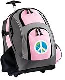 World Peace Sign Rolling Backpack Deluxe Pink Peace Signs - Backpacks Bags with Wheels or School Trolley Carry-On Bags - Unique Wheeled Gifts for Girls Ladies- CUTE!