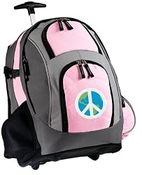 World Peace Sign Rolling Backpack Deluxe Pink Peace Signs - Backpacks Bags with Wheels or School Trolley Carry-On Bags - Unique Wheeled Gifts for Girls Ladies- CUTE!