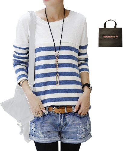 (ラズベリーパイ)RaspberryPi レディース ボーダー カットソー 長袖 トップス ロンT オリジナルエコバッグセット tc302