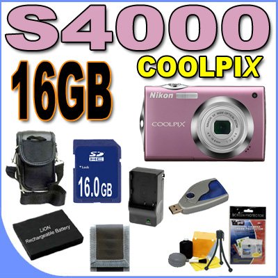 Nikon Coolpix S4000 12 MP Digital Camera w/4x Optical VR Zoom (Pink) BigVALUEInc Accessory Saver 16GB Battery Bundle