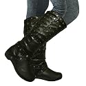New Womens Black / Tan Leather Style Knee High Studded Flat Biker Western Boots