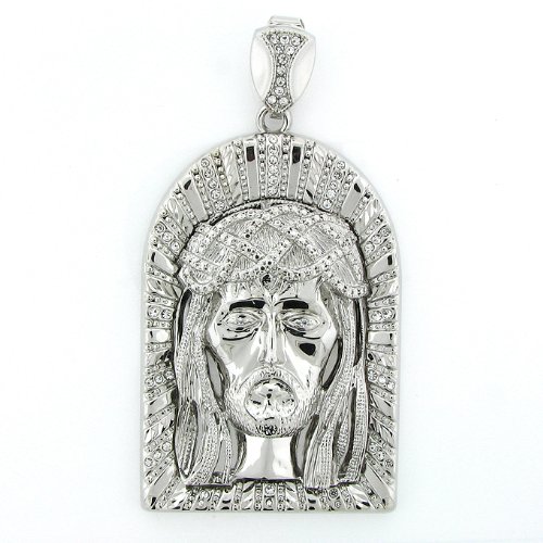 Men's Iced Out Hip Hop White Gold Plated Crystal Arches Jesus Face Religious Charm Pendant