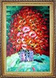 Blooming Fire Red Roses Bouquet Oil Painting, with Linen Liner Gold Wood Frame 42.5 x 30.5 inches