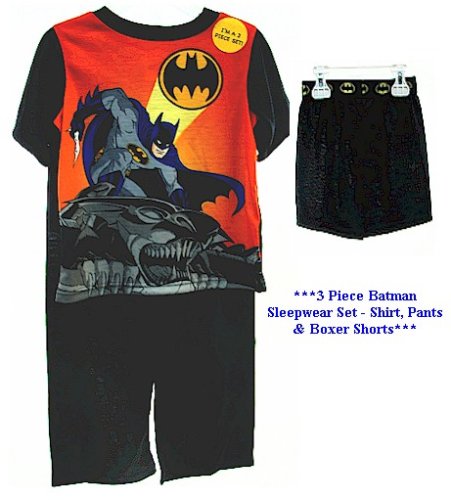  Batman Black 3 Piece Pajama Sleepwear Set - Shirt, Pants & Shorts