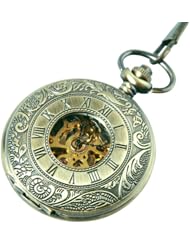 Skeleton Mechanical Movement Pocket Watch Classic Hand Wind Roman Numerals Antique Bronze Tone Half Hunter - PW67
