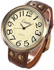 Oversized Vintage Lady Women Girl Bronze Case Coffee Leather Analog Wrist Watch Gift WAA603