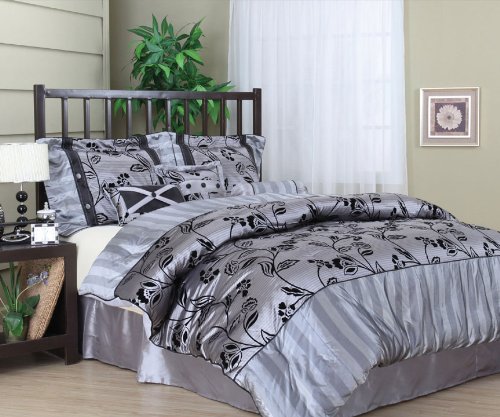 7 Pieces Silver and Black with Floral Leaf Comforter Set Bed-in-a-bag King Size Bedding