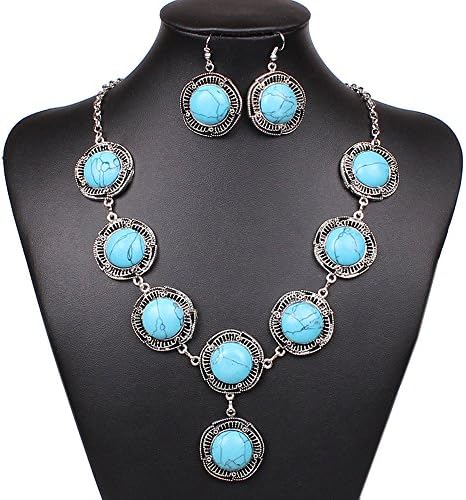 DOCrystal Women's Bohemia Style Round Rimous Shape Tibetan Sliver Turquoise Pendant Necklace Eardrop 2-piece Jewelry Set Green
