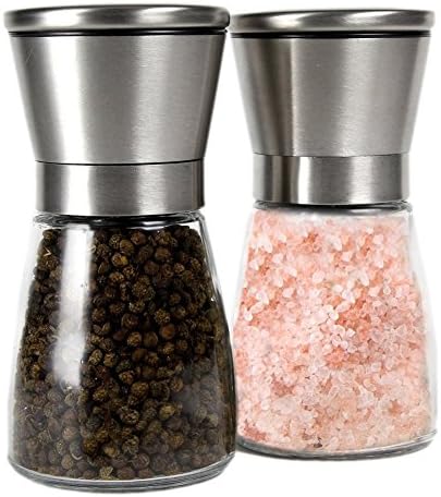 Stainless Steel Salt and Pepper Grinder Set - Manual Salt Mill &amp; Pepper Grinder Pair with Glass Body - Grinding Core with Adjustable Coarseness - Refillable Salt and Pepper Grinder Combo Shakers Set