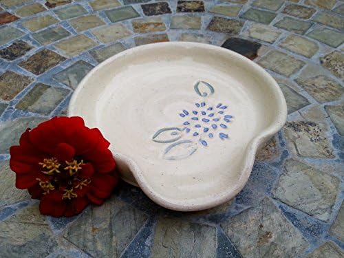 Ceramic Spoon Rest with Dahlia Carving in Cream and Periwinkle