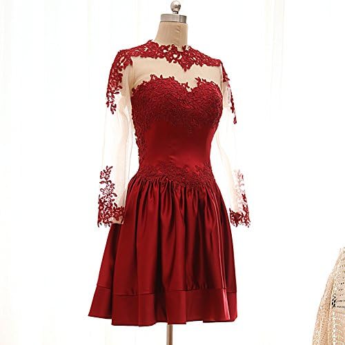 Mic Dresses Women's Short Appliques Long Sleeve Formal Evening Prom Dress (US 12, Red)