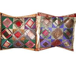 2 State green Purple Tribal India Vintage Sari Toss Pillow Cushion Covers