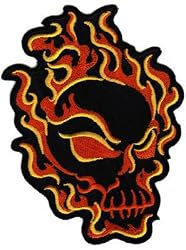 Flaming Skull Embroidered Patch Fire Skeleton Iron-On Evil Biker Emblem