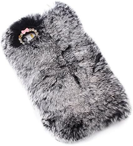 Top Hip&Bling Diamond Fluffy Cover [Genuine Rex Rabbit Fur Case] Winter Wammer Handmade Soft Case For iPhone 6(4.7inch) (gray&black)