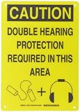 Brady 105729 10 Width x 14 Height B-120 Premium Fiberglass, Black on Yellow Ear Protection Sign, Header Caution, Legend Double Hearing Protection Required In This Area