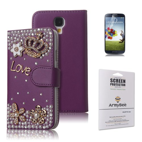 ArmyBee inc(TM) Samsung Galaxy S4 i9500 Bling Purple Crystal Love Crown Premium PU Leather Flip Wallet Case Cover Design for Girls With Card Holder / Accessory Slots (Fits: Samsung Galaxy S4 / i9500, Package includes: 1 X ArmyBee(TM) Screen Protector)