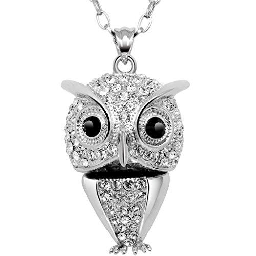 FANSING 3D Cute Owl Pendant Necklace with White Gold Plated Long Chain