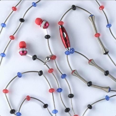 WCI Jewel Phones - Fashionable Jewelry Necklace With Quality Stereo Earphones And Microphone - Connect To iPod, iPhone, Droid, Blackberry, MP3 Player And All 3.5mm Audio Devices - Metal Tubes With Red And Blue Gems