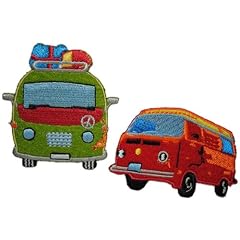 2 tlg. Set Bus 6,8 cm * 4,7 cm B�gelbild Aufn�her Applikation rot bunt retro