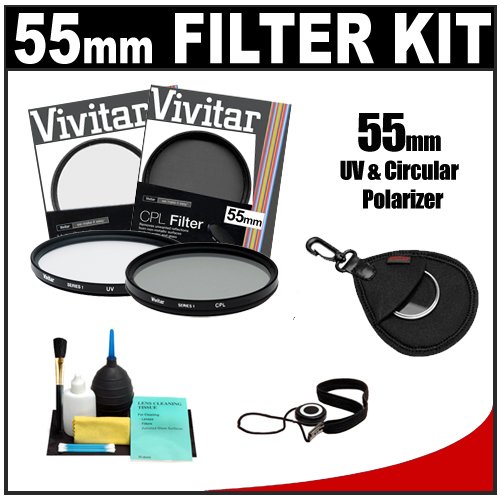 Vivitar 55mm UV & Circular Polarizer Glass Filter + Filter Case + CapKeeper + Lens Cleaning Kit for Canon, Nikon, Sony, Olympus & Pentax Lenses