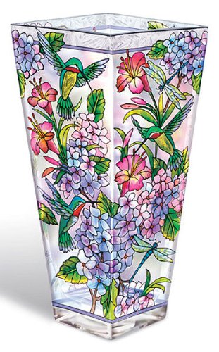 Amia 9686 Vase with Hydrangea and Hummingbird Design Hand Painted Glass, 4-1/4-Inch W by 4-1/4-Inch L by 10-Inch H