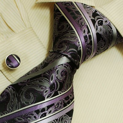 Purple Florals Tie for Men Black Striped Discount Gifts Handmade Silk Neck Ties Cufflinks Set 6420