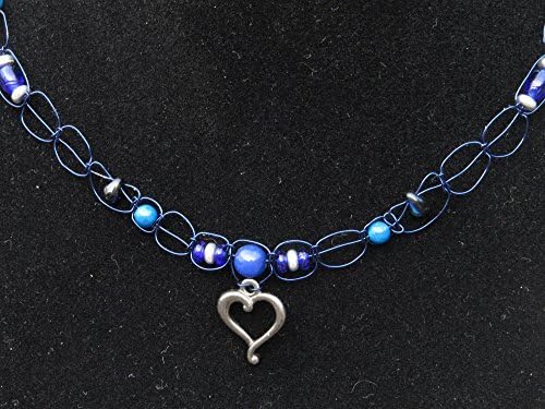 Blue wire micromacrame 15" CHOKER NECKLACE with pewter heart, lapis lazuli gemstone, hemalyke, riverstone, silver &amp; cobalt blue Czech glass