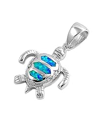 Sterling Silver Womens Blue Fire Lab Opal Turtle Pendant Charm Pure 925 New 22mm (Pendant ONLY)
