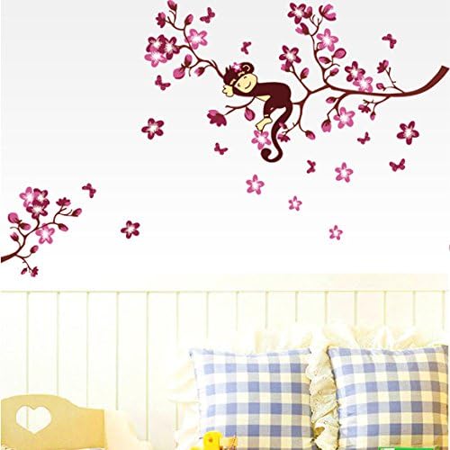 HH Baby Boutique Nursery Wall Decals, Monkey on Cherry Blossom Wall Decals, Monkey Wall Stickers, Nursery Wall Stickers