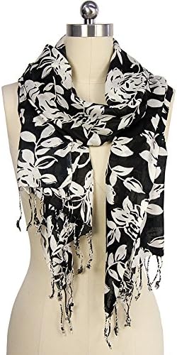 SAACHI accessories Floral Print Scarf with Twisted Fringe (Black & White)