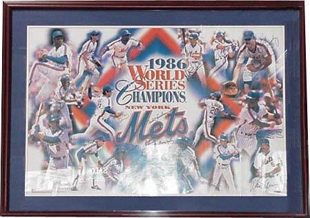 Autographed 1986 New York Mets World Series Champion Team Color Framed Litho - Framed MLB Photos, Plaques, and Collages