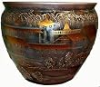 Chinese Village Scene - Black, Gold, Silver Embossed Porcelain Fishbowl, Hand Painted