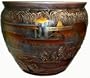 Chinese Village Scene - Black, Gold, Silver Embossed Porcelain Fishbowl, Hand Painted