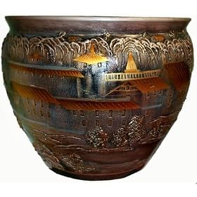 Chinese Village Scene - Black, Gold, Silver Embossed Porcelain Fishbowl, Hand Painted by Reorient