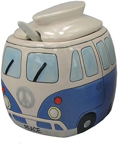 Ceramic Camper Sugar Dispenser Split Screen Camper Van Sugar Bowl with Lid &amp; Spoon Blue Color
