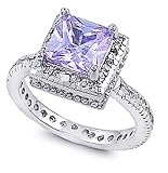 Rhodium Plated Sterling Silver Wedding & Engagement Ring Amethyst, Clear ?CZ Princess Cut Prong Set Ladies Ring 11MM ( Size 5 to 9)