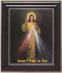 Divine Mercy in Gloss Walnut Wood Frame with Gold Trim, 10.75" x 12.75" - MADE IN ITALY