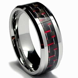 8MM Men's Tungsten Carbide Ring W/ BLACK and RED Carbon Fiber Inlay Size 8