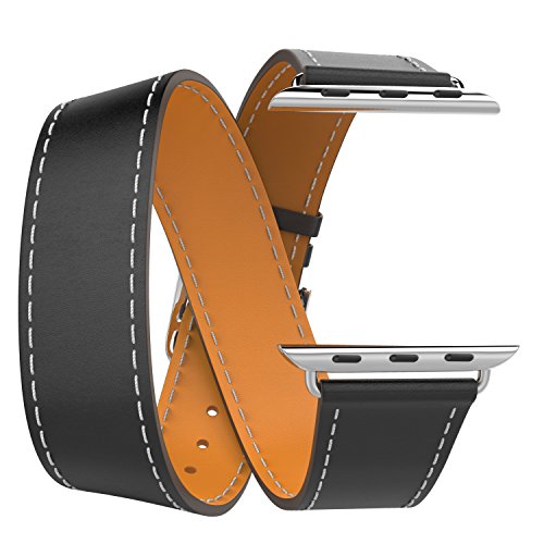 Apple Watch Band Series 1 Series 2, MoKo Luxury Genuine Leather Smart Watch Band Strap Double Tour Replacement for 42mm Apple Watch Models, BLACK (Not Fit 38mm Versions)