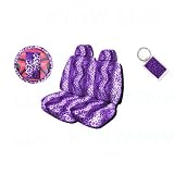 A Set of 2 Universal Fit Animal Print Low Back Bucket Seat Covers, Wheel Cover, 2 Shoulder Pads, and 1 Key Fob - Leopard Purple