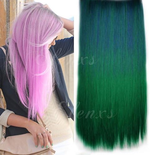 Sexy Two Tone Long One Piece Straight Hair Extensions Clip-on Hairpieces Synthetic Thick Hair Extensions NO.17 (Dark Green to Green)